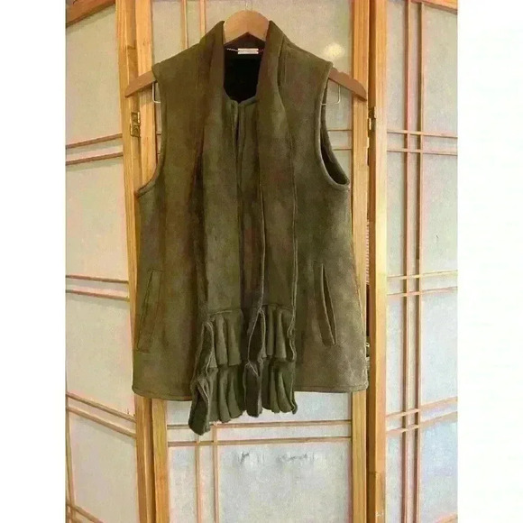 Women’s Sherling Vest Moss Green, Hook N Eye Closure W/ Sherling Scarf, Small - Picture 1 of 15